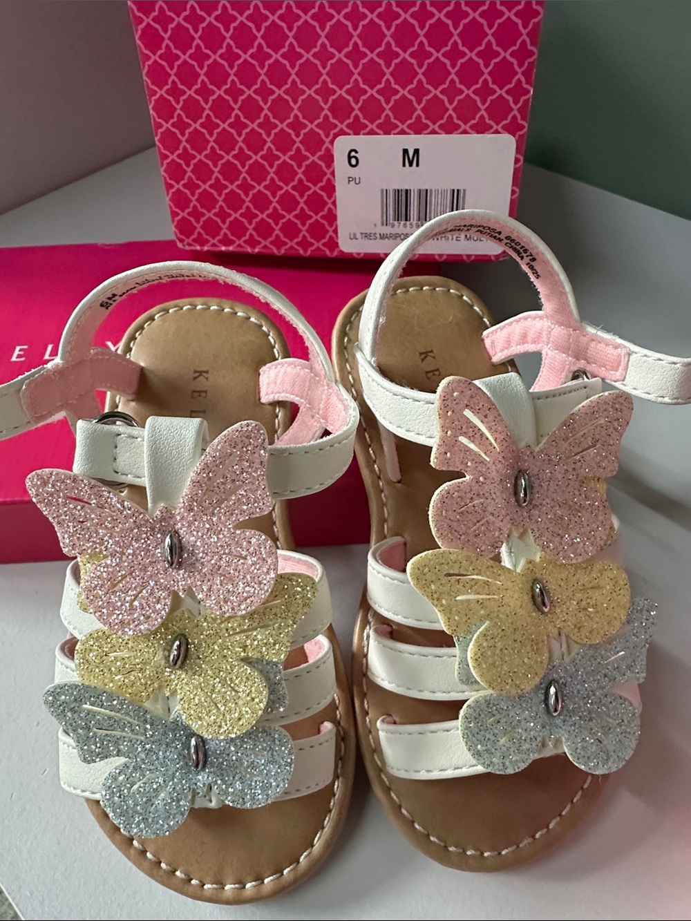 Girls Sz 6M White Sandals with Pink, Yellow & Silver Glitter Butterflies